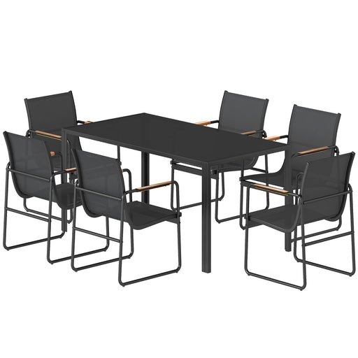 Outsunny - 7 Pieces Outdoor Dining Set for 6, Glass Patio Table and Chairs with Decorative Armrests, All Weather Mesh, Black