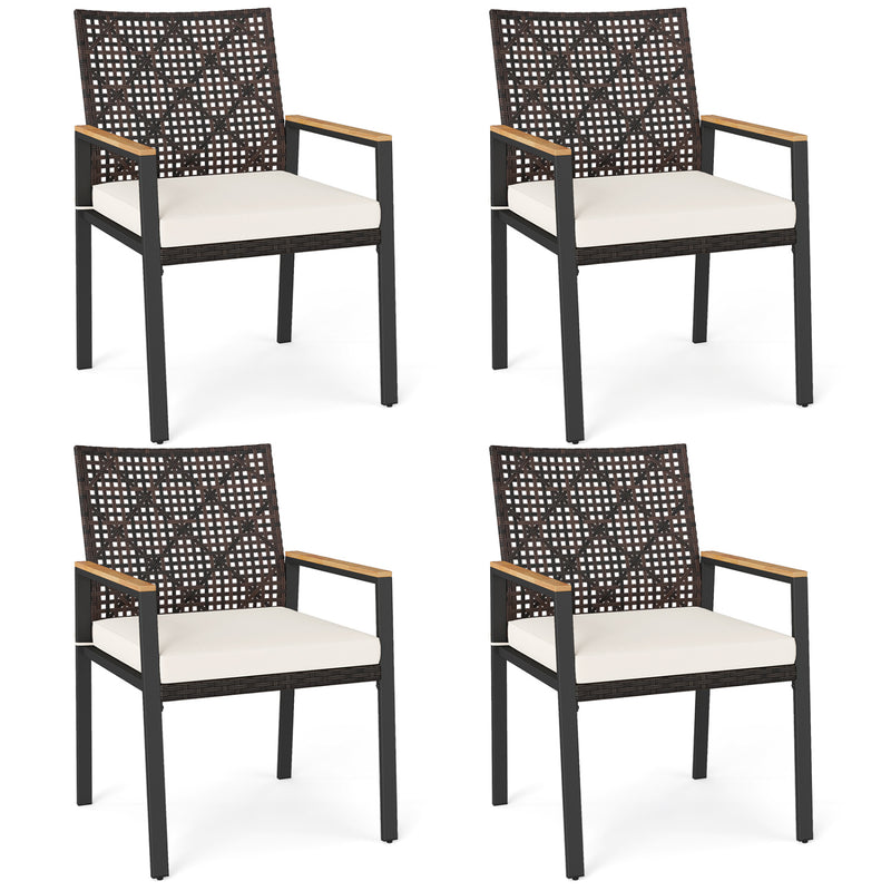 Costway - Hand-Woven PE Patio Dining Chairs Set of 4 with Acacia Wood Armrests for Yard-Beige
