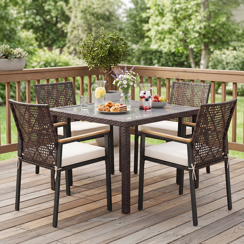 Costway - Hand-Woven PE Patio Dining Chairs Set of 4 with Acacia Wood Armrests for Yard-Beige