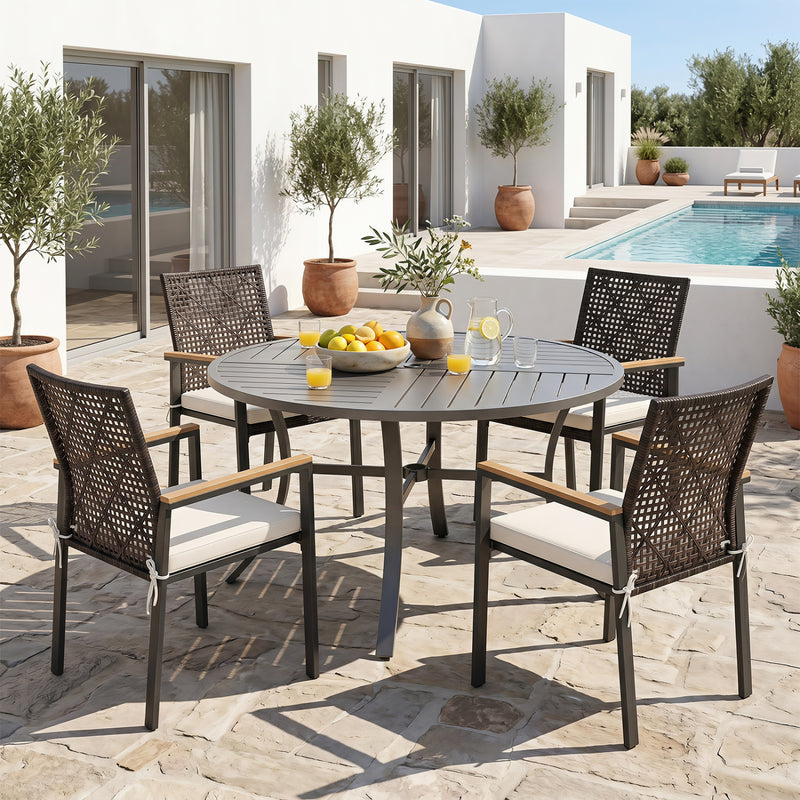 Costway - Hand-Woven PE Patio Dining Chairs Set of 4 with Acacia Wood Armrests for Yard-Beige