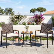Costway - Hand-Woven PE Patio Dining Chairs Set of 4 with Acacia Wood Armrests for Yard-Beige