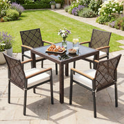 Costway - Hand-Woven PE Patio Dining Chairs Set of 4 with Acacia Wood Armrests for Yard-Beige