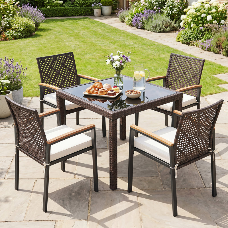 Costway - Hand-Woven PE Patio Dining Chairs Set of 4 with Acacia Wood Armrests for Yard-Beige