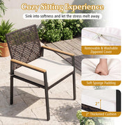 Costway - Hand-Woven PE Patio Dining Chairs Set of 4 with Acacia Wood Armrests for Yard-Beige