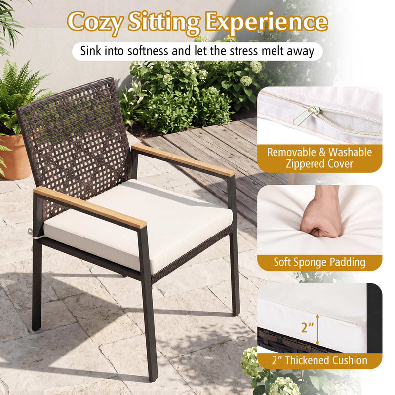 Costway - Hand-Woven PE Patio Dining Chairs Set of 4 with Acacia Wood Armrests for Yard-Beige