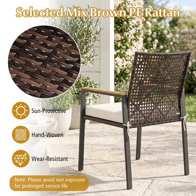 Costway - Hand-Woven PE Patio Dining Chairs Set of 4 with Acacia Wood Armrests for Yard-Beige