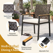 Costway - Hand-Woven PE Patio Dining Chairs Set of 4 with Acacia Wood Armrests for Yard-Beige