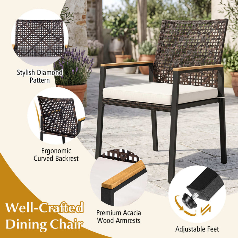 Costway - Hand-Woven PE Patio Dining Chairs Set of 4 with Acacia Wood Armrests for Yard-Beige
