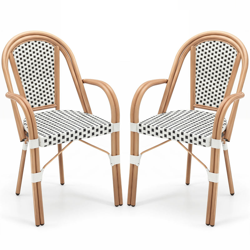 Costway - Hand-Woven PE Wicker Outdoor French Bistro Chairs Set of 2-White