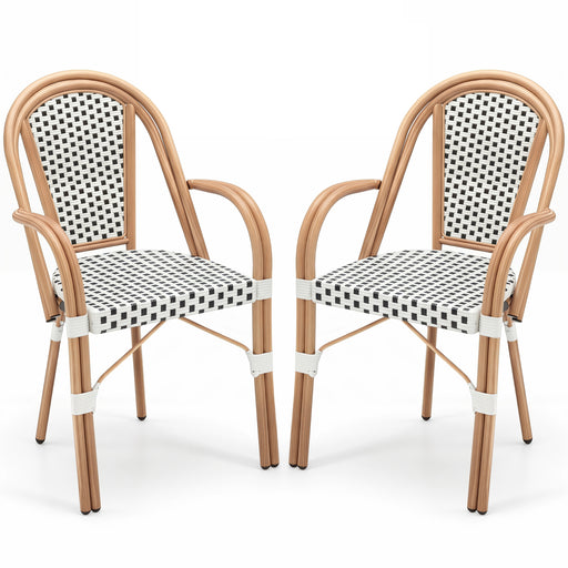 Costway - Hand-Woven PE Wicker Outdoor French Bistro Chairs Set of 2-White