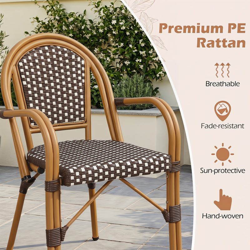 Costway - Hand-Woven PE Wicker Outdoor French Bistro Chairs Set of 2-Brown