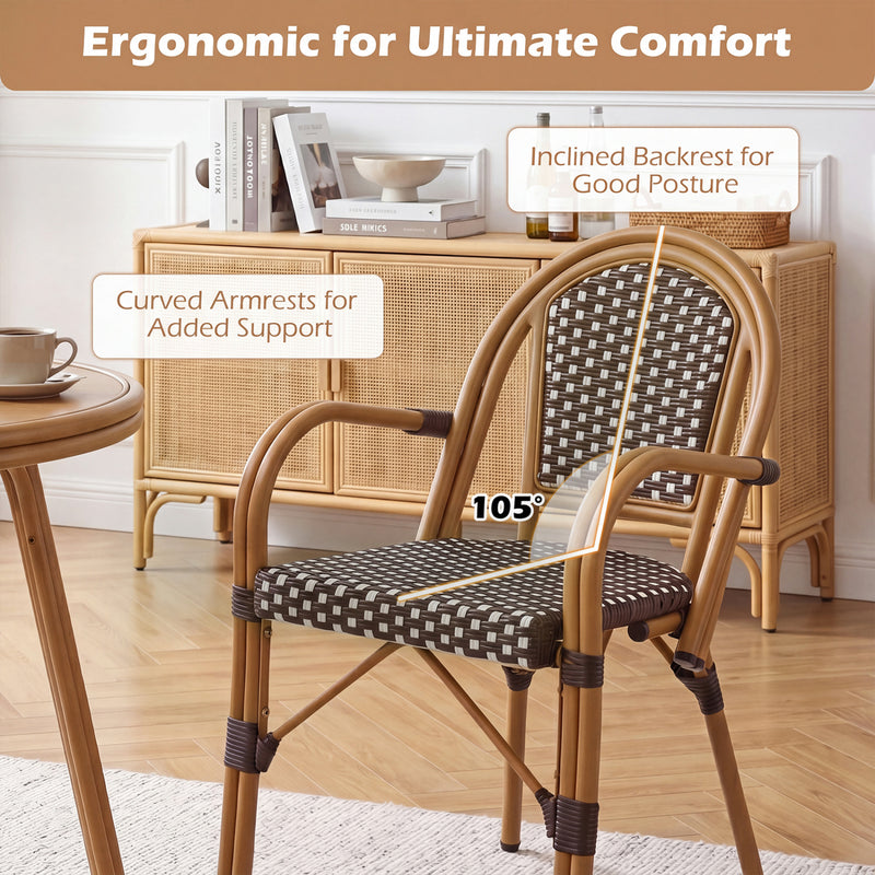 Costway - Hand-Woven PE Wicker Outdoor French Bistro Chairs Set of 2-Brown