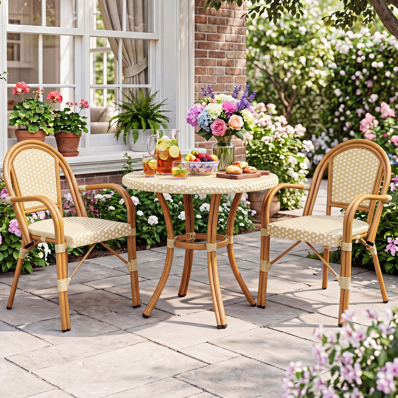 Costway - Hand-Woven PE Wicker Outdoor French Bistro Chairs Set of 2-Yellow