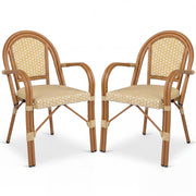 Costway - Hand-Woven PE Wicker Outdoor French Bistro Chairs Set of 2-Yellow