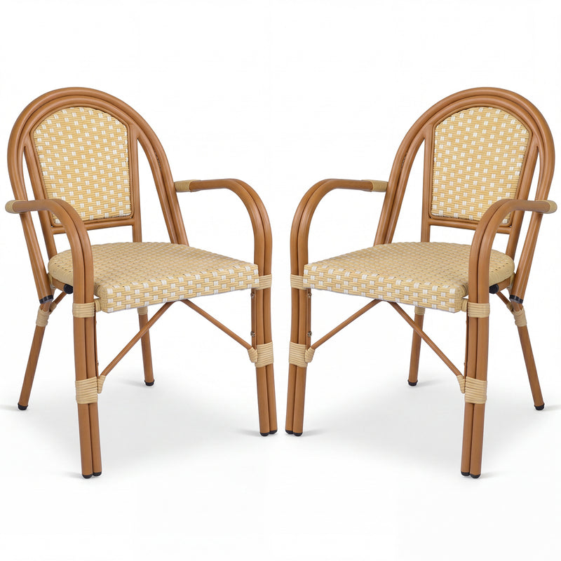 Costway - Hand-Woven PE Wicker Outdoor French Bistro Chairs Set of 2-Yellow