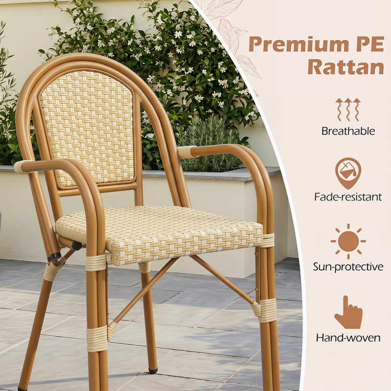 Costway - Hand-Woven PE Wicker Outdoor French Bistro Chairs Set of 2-Yellow