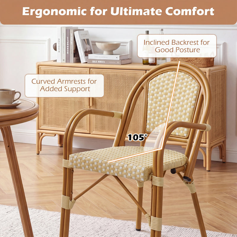 Costway - Hand-Woven PE Wicker Outdoor French Bistro Chairs Set of 2-Yellow