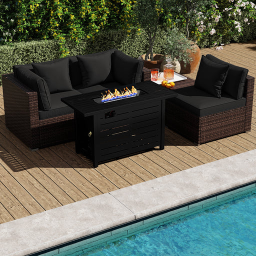 Costway - Heavy-duty Frame Rattan Sofa Set with 60000 BTU Firepit Table-Black