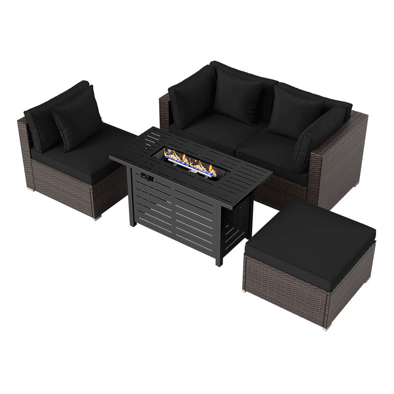 Costway - Heavy-duty Frame Rattan Sofa Set with 60000 BTU Firepit Table-Black