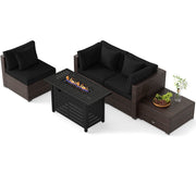 Costway - Heavy-duty Frame Rattan Sofa Set with 60000 BTU Firepit Table-Black