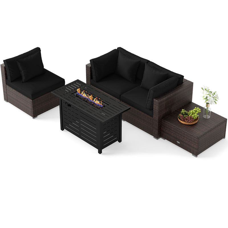 Costway - Heavy-duty Frame Rattan Sofa Set with 60000 BTU Firepit Table-Black