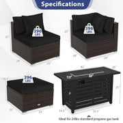 Costway - Heavy-duty Frame Rattan Sofa Set with 60000 BTU Firepit Table-Black