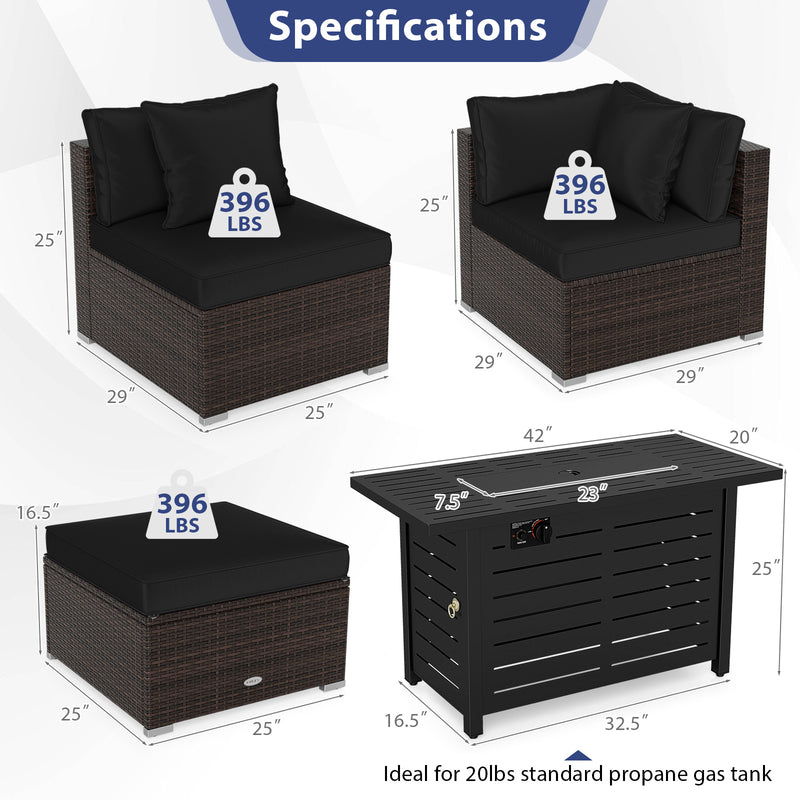 Costway - Heavy-duty Frame Rattan Sofa Set with 60000 BTU Firepit Table-Black