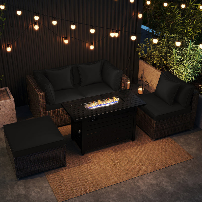 Costway - Heavy-duty Frame Rattan Sofa Set with 60000 BTU Firepit Table-Black