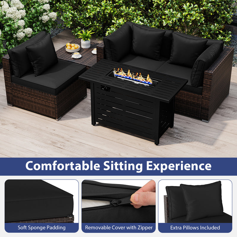 Costway - Heavy-duty Frame Rattan Sofa Set with 60000 BTU Firepit Table-Black