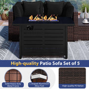 Costway - Heavy-duty Frame Rattan Sofa Set with 60000 BTU Firepit Table-Black