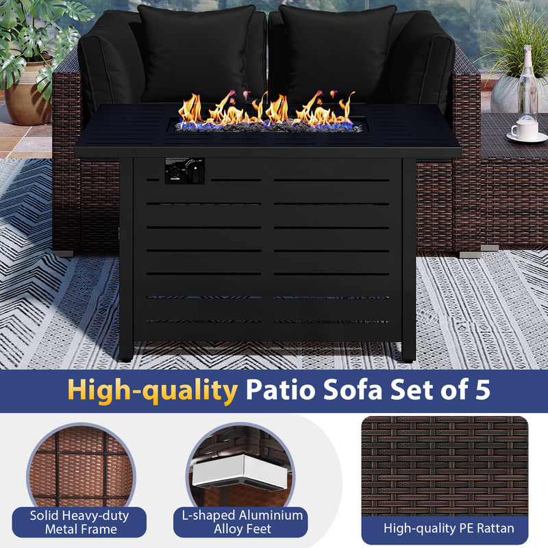 Costway - Heavy-duty Frame Rattan Sofa Set with 60000 BTU Firepit Table-Black