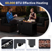 Costway - Heavy-duty Frame Rattan Sofa Set with 60000 BTU Firepit Table-Black