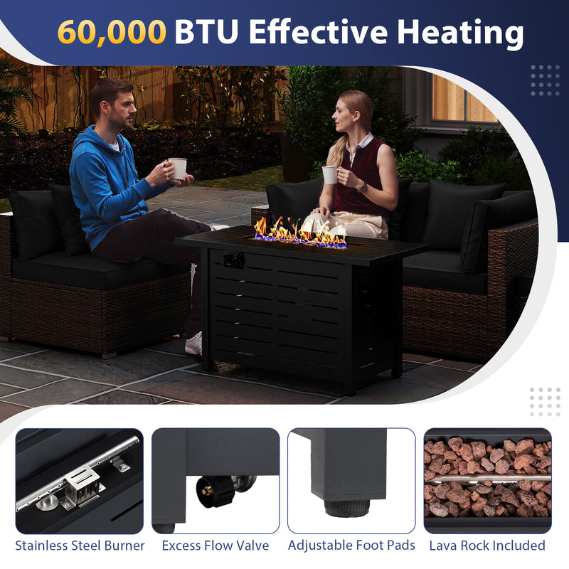 Costway - Heavy-duty Frame Rattan Sofa Set with 60000 BTU Firepit Table-Black