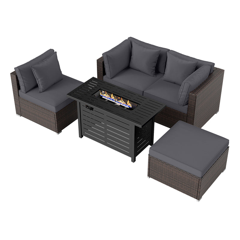 Costway - Heavy-duty Frame Rattan Sofa Set with 60000 BTU Firepit Table-Gray