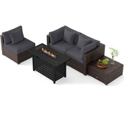 Costway - Heavy-duty Frame Rattan Sofa Set with 60000 BTU Firepit Table-Gray