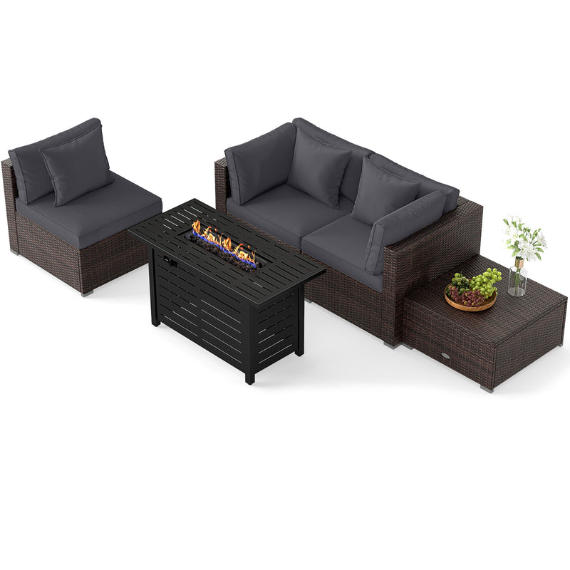 Costway - Heavy-duty Frame Rattan Sofa Set with 60000 BTU Firepit Table-Gray