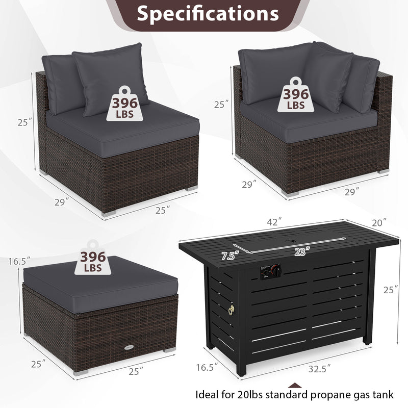 Costway - Heavy-duty Frame Rattan Sofa Set with 60000 BTU Firepit Table-Gray