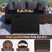 Costway - Heavy-duty Frame Rattan Sofa Set with 60000 BTU Firepit Table-Gray