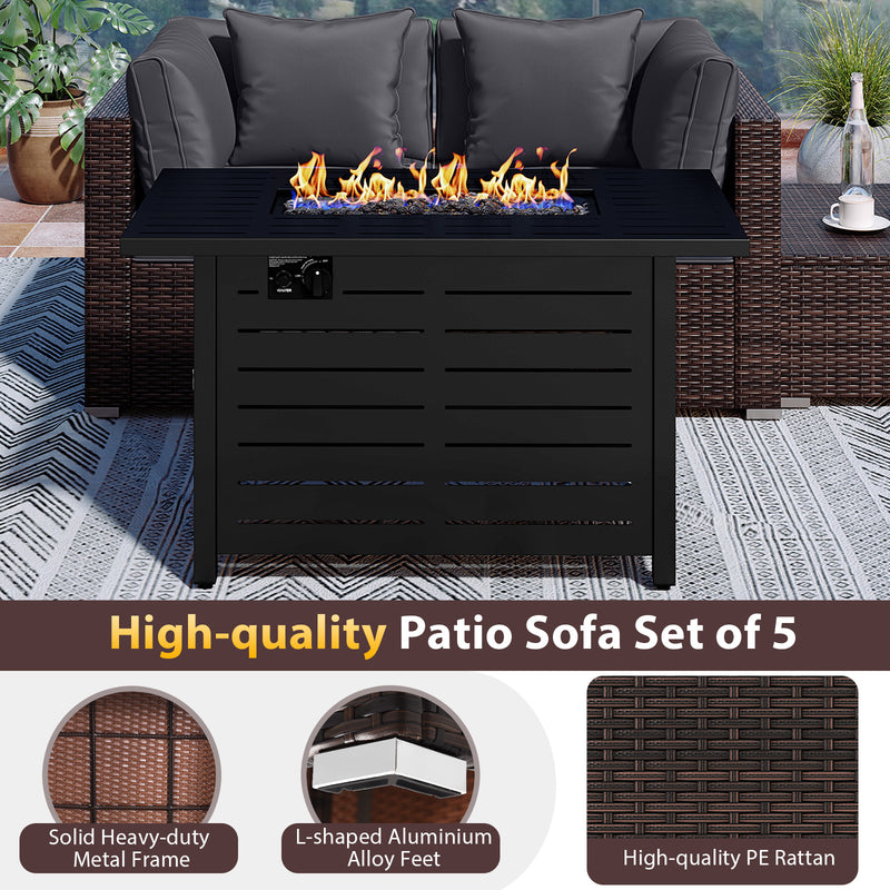 Costway - Heavy-duty Frame Rattan Sofa Set with 60000 BTU Firepit Table-Gray