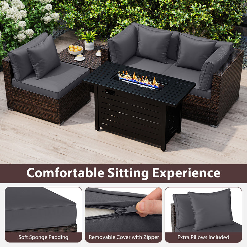 Costway - Heavy-duty Frame Rattan Sofa Set with 60000 BTU Firepit Table-Gray