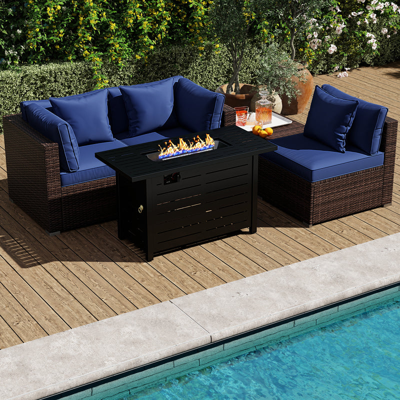 Costway - Heavy-duty Frame Rattan Sofa Set with 60000 BTU Firepit Table-Navy