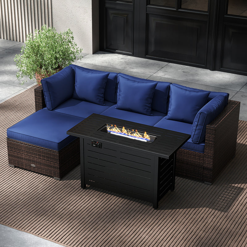 Costway - Heavy-duty Frame Rattan Sofa Set with 60000 BTU Firepit Table-Navy