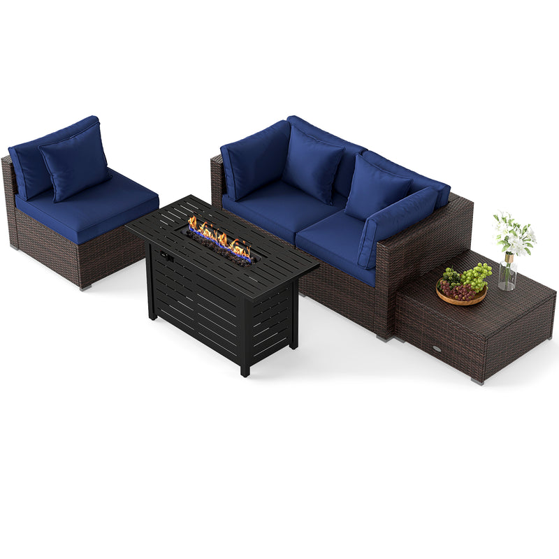 Costway - Heavy-duty Frame Rattan Sofa Set with 60000 BTU Firepit Table-Navy