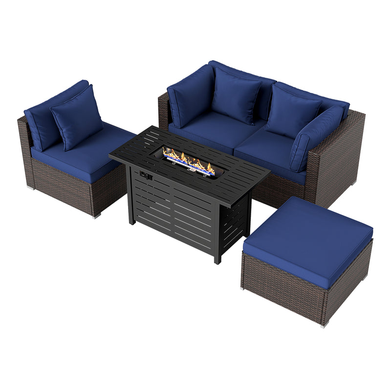 Costway - Heavy-duty Frame Rattan Sofa Set with 60000 BTU Firepit Table-Navy