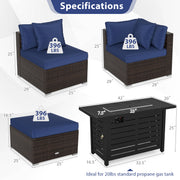 Costway - Heavy-duty Frame Rattan Sofa Set with 60000 BTU Firepit Table-Navy