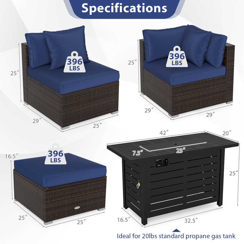 Costway - Heavy-duty Frame Rattan Sofa Set with 60000 BTU Firepit Table-Navy