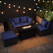 Costway - Heavy-duty Frame Rattan Sofa Set with 60000 BTU Firepit Table-Navy