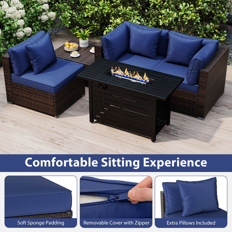 Costway - Heavy-duty Frame Rattan Sofa Set with 60000 BTU Firepit Table-Navy