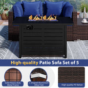 Costway - Heavy-duty Frame Rattan Sofa Set with 60000 BTU Firepit Table-Navy