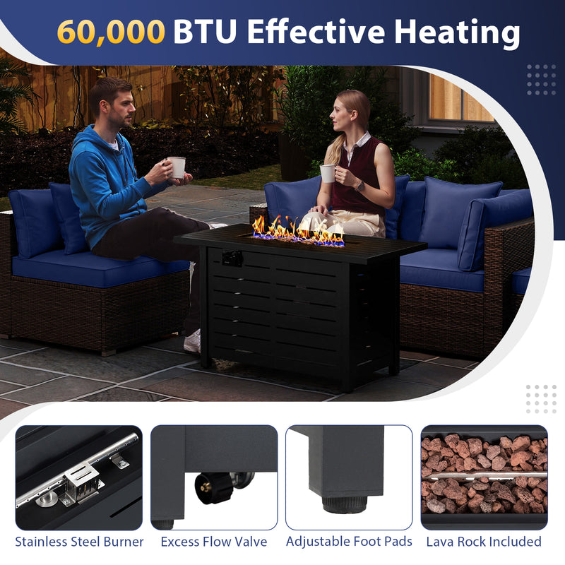 Costway - Heavy-duty Frame Rattan Sofa Set with 60000 BTU Firepit Table-Navy
